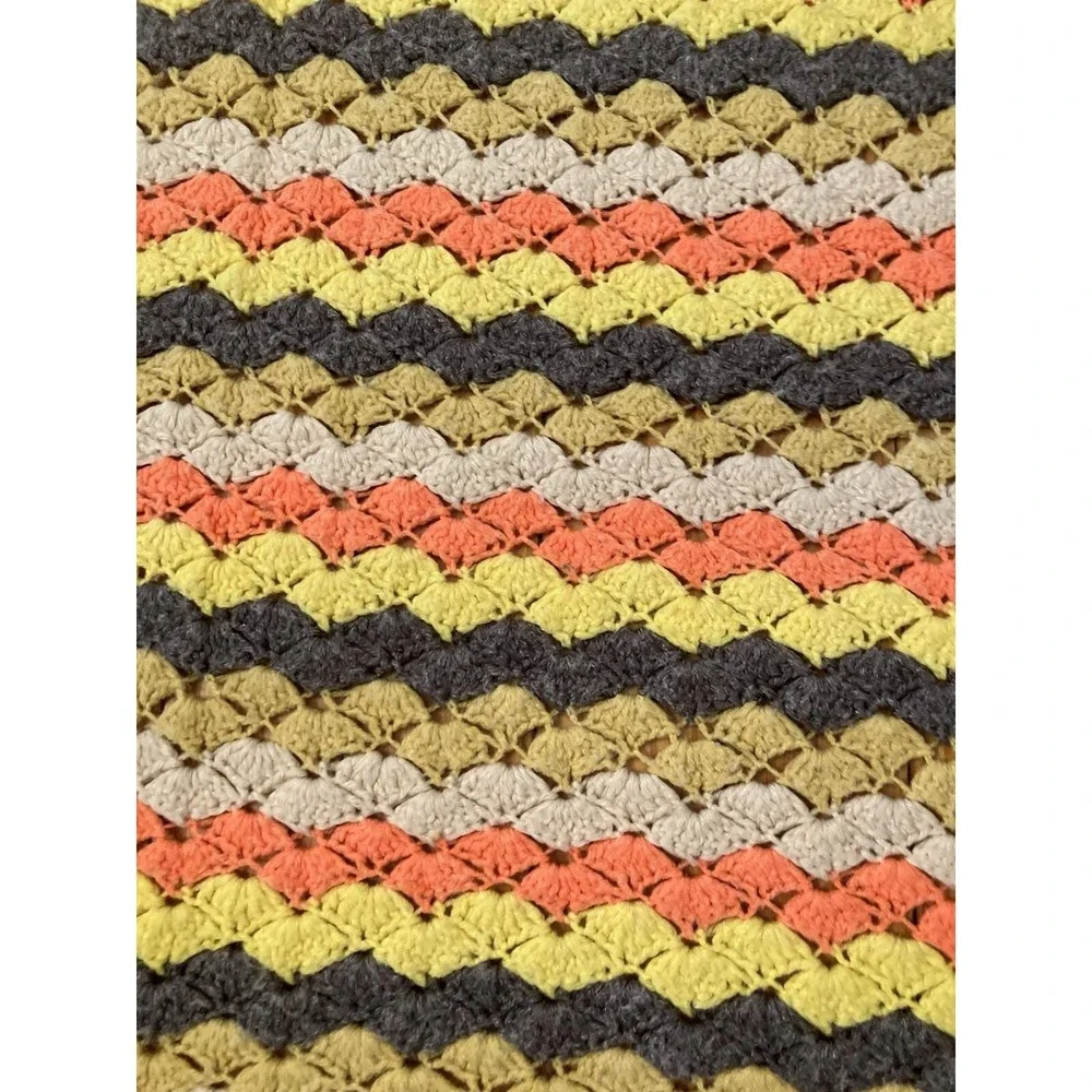 Vintage Afghan Blanket Crochet Shell Grannycore 70s‎ Gold 90x60 Large Whimsigoth